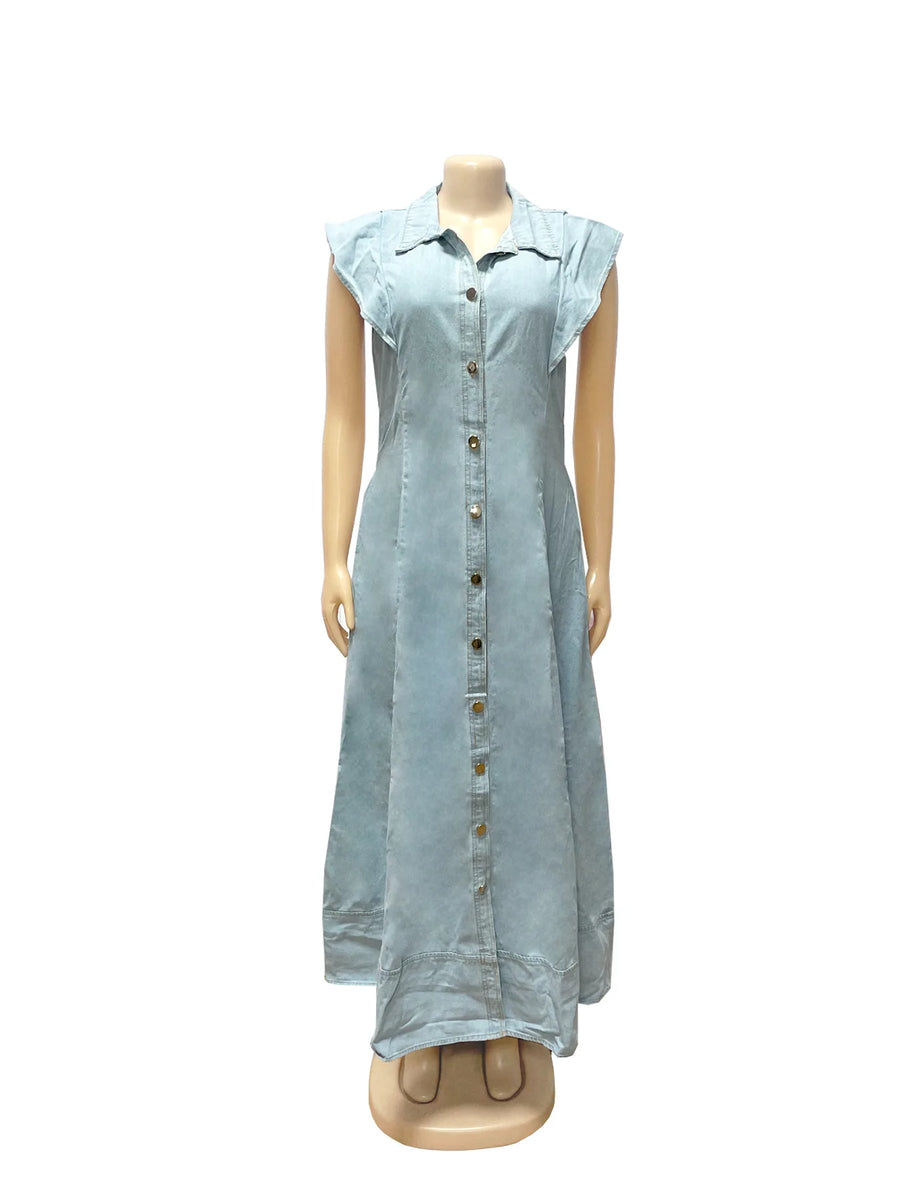Long Dress Women Denim Dresses A Line Vestidos  Streetwear Turn Down Collar Sleeveless Elegant Casual Loose