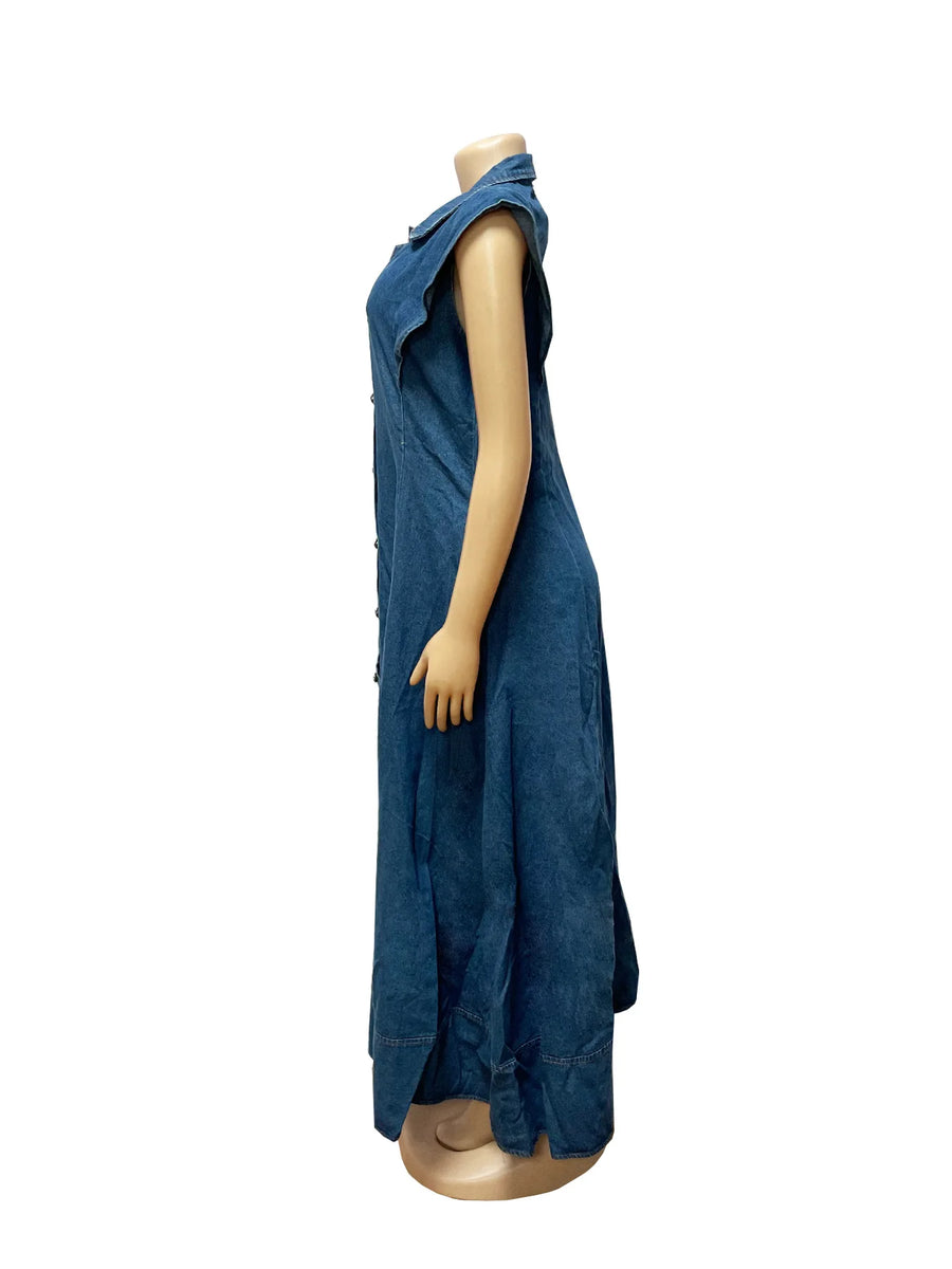 Long Dress Women Denim Dresses A Line Vestidos  Streetwear Turn Down Collar Sleeveless Elegant Casual Loose