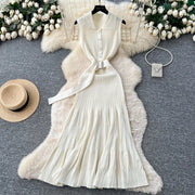 Ribbed Knit Dress Sleeveless Lapel Belt French Ins Chic Spring Summer Celebrity Style Feminine A-line Long Dress