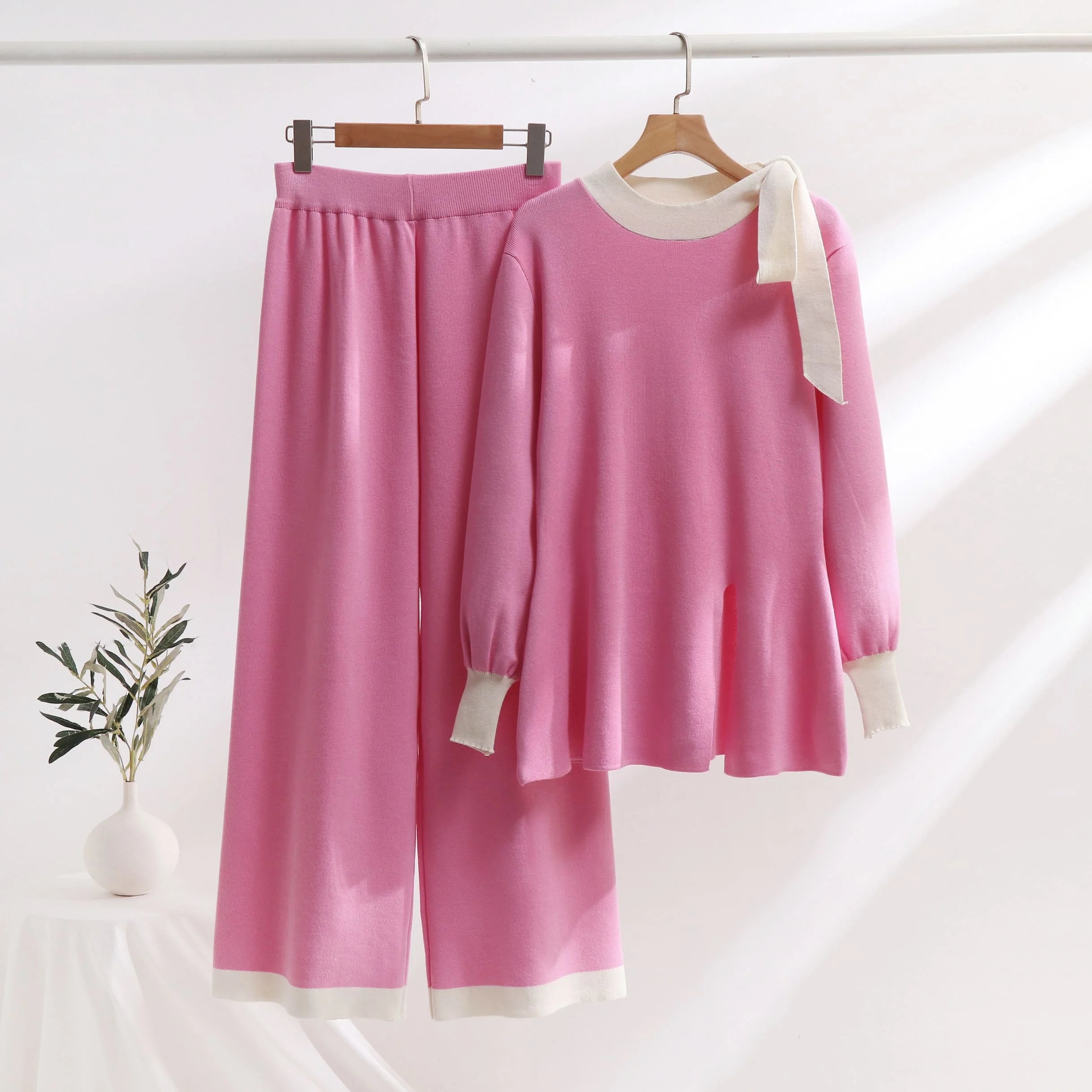 2 Piece Set Wide Leg Pants + Elegant Long Sleeve Crew Neck Front Slit Bow Sweater