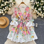 Elegant French style evening dress with high quality floral print