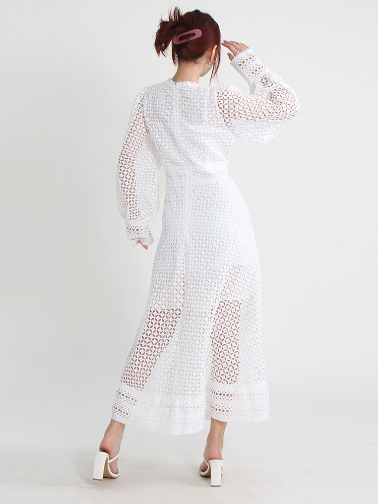 Vintage dresses round neck, flare sleeve, high waist, hollow out patchwork, high quality embroidery