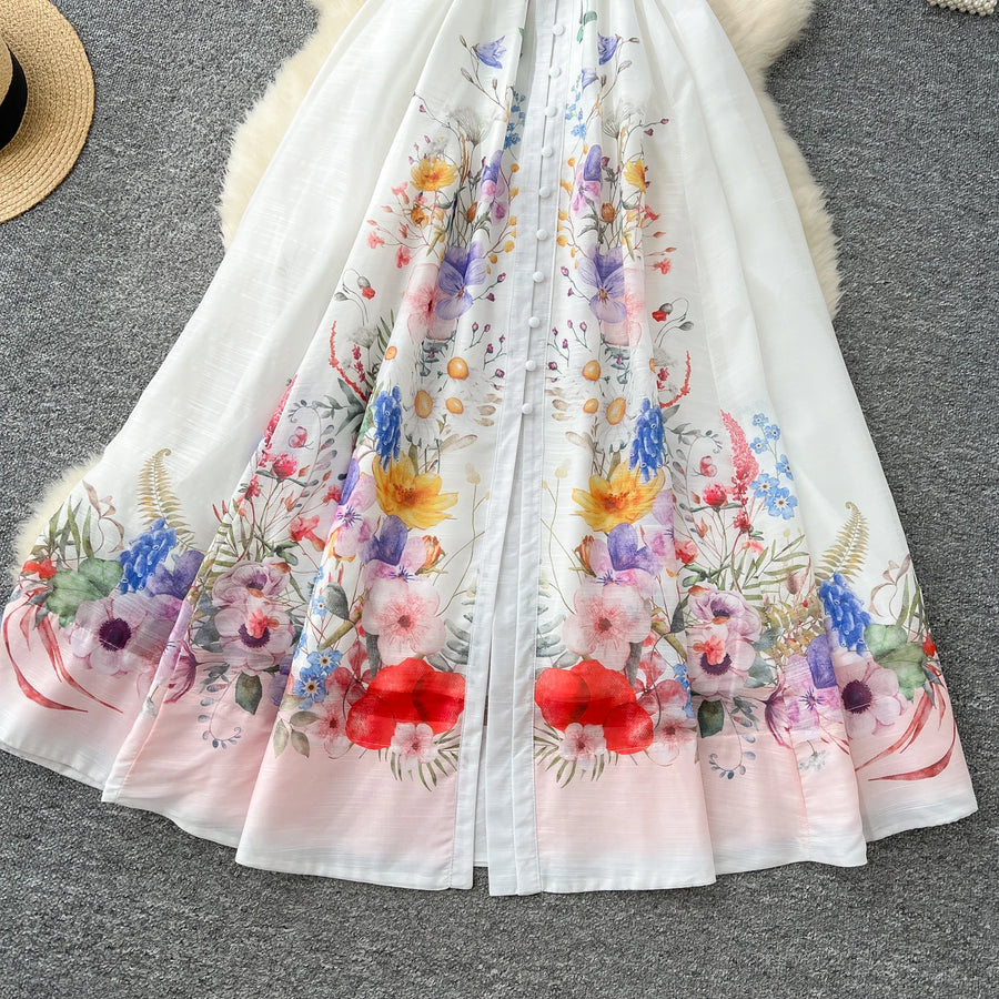 Elegant vintage V-neck button long floral evening dress high quality