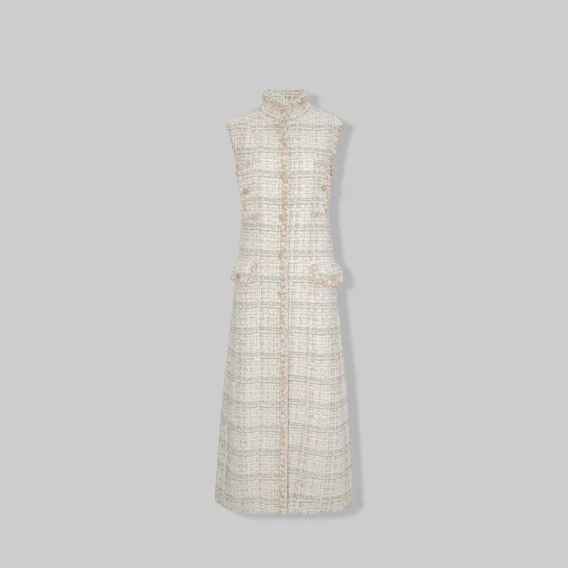 Autumn Winter Fashion Women Maxi Long Tweed Jacket Stand Collar Sleeveless Coat Wide Waisted Party Jacket Elegant Lady Designer