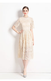 High Quality Hollow Out Short Sleeve Vintage Solid Midi Length Embroidery Lace Elegant Dresses