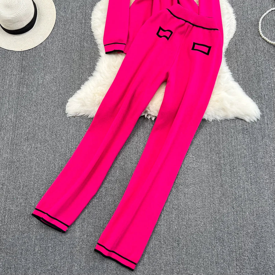 Women's Two-Piece Set Long-Sleeved Lace-up Waist V-Neck Mid-Length Knitted Cardigan Coat + Wide-Leg Pants