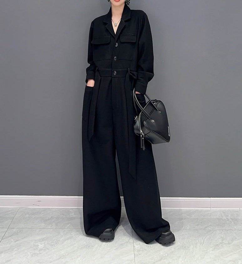 High Quality Loose Wide Leg Long Sleeve Solid Color One Piece Jumpsuit