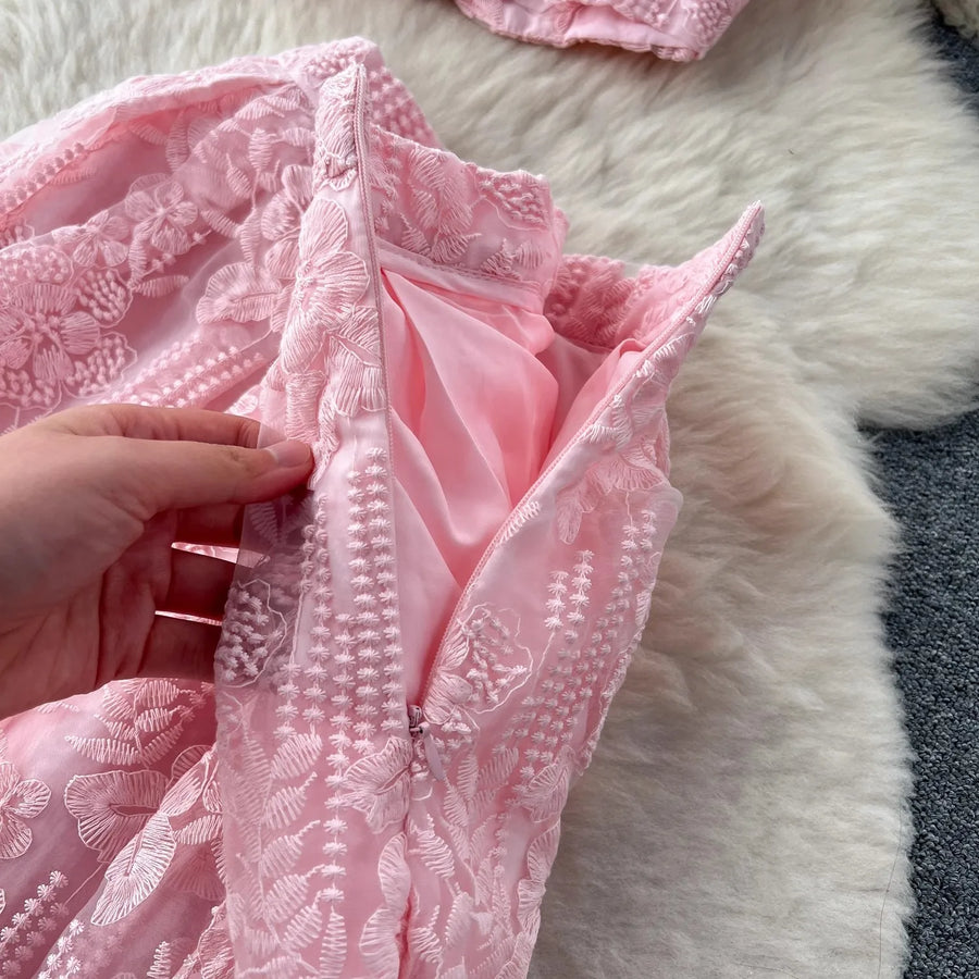 Small Embroidery Flower Two Piece Set Short Sleeve Pearl Button Pocket Lace Mesh Crop Top + Midi Skirt Suit High Quality