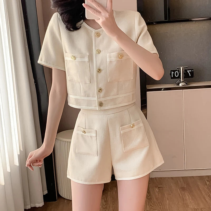 Two 2 Piece Shorts Sets Women Tweed Shorts Suits Office Ladies Single-Breasted Short Sleeve Jacket Coat High Waist Shorts S-XL