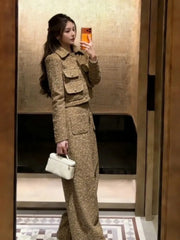 Casual Ladies Work Tweed Multi Pockets Single Breasted Long Sleeves Coat Two Piece Set Elegant Female Straight Long Pant Sets