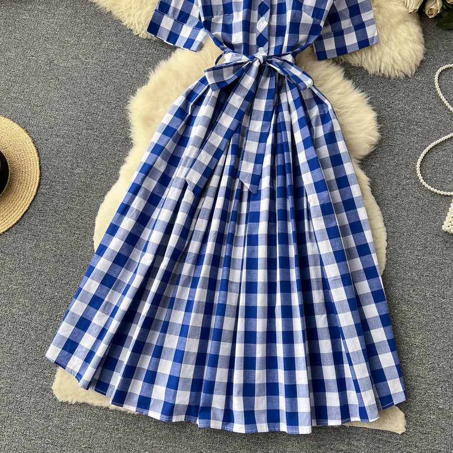 Blue and White Plaid Shirt Dress Short Sleeve Cross Sashes Lace Up Vintage Midi High Quality