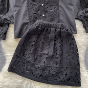 Retro Two Piece Set Hollow Out Long Sleeve Shirt+High Quality Mini Skirts