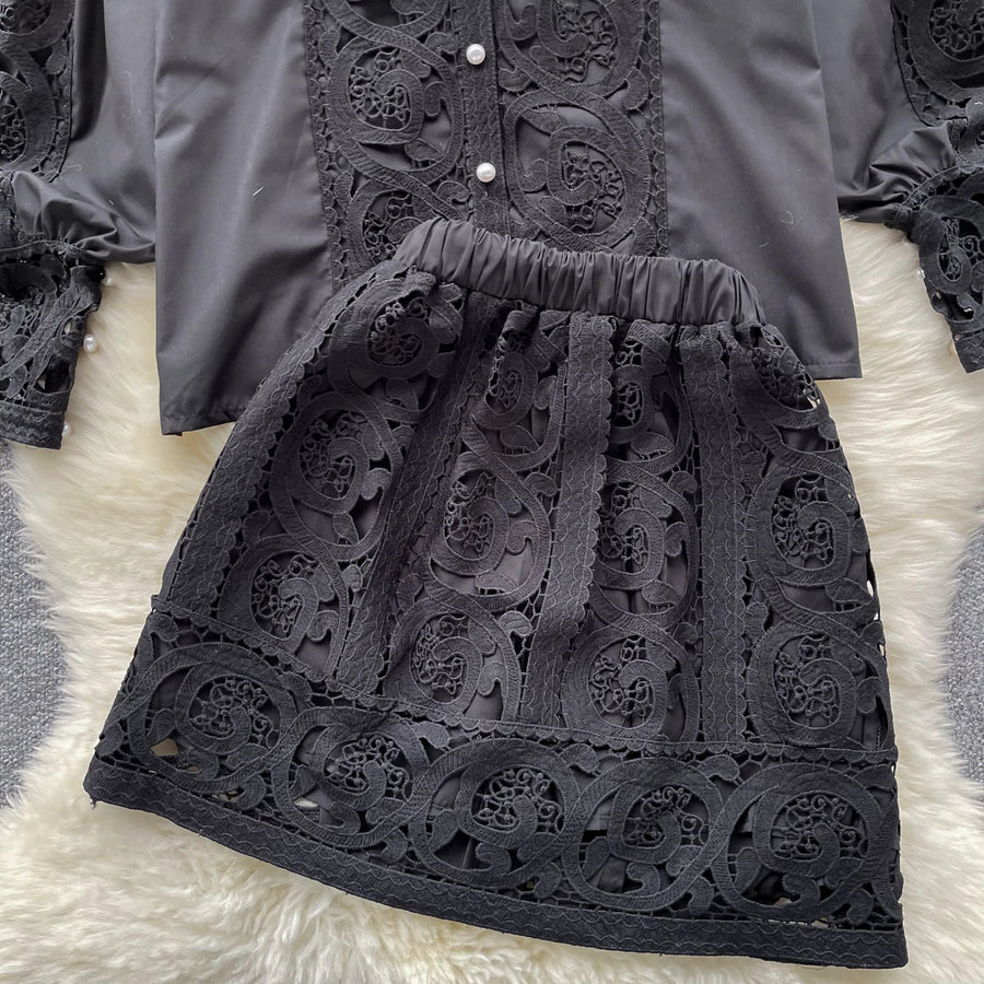 Retro Two Piece Set Hollow Out Long Sleeve Shirt+High Quality Mini Skirts