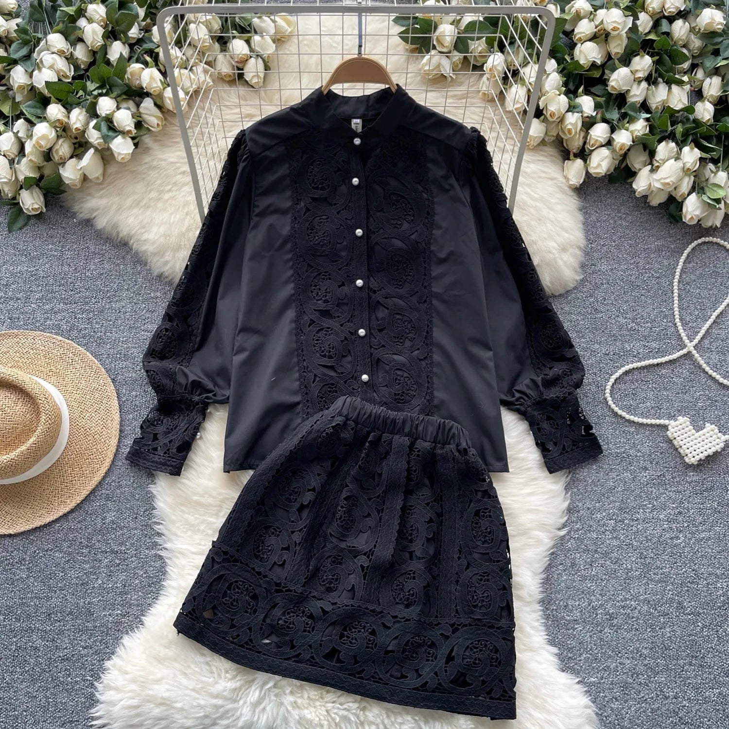 Retro Two Piece Set Hollow Out Long Sleeve Shirt+High Quality Mini Skirts