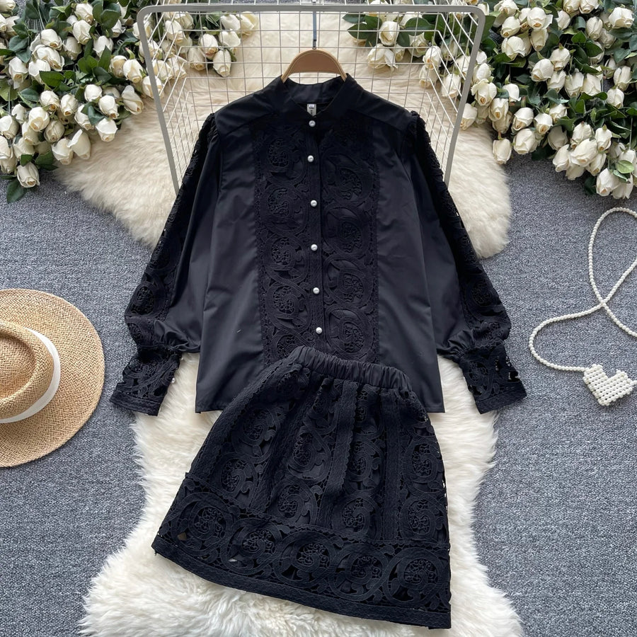 Retro Two Piece Set Hollow Out Long Sleeve Shirt+High Quality Mini Skirts