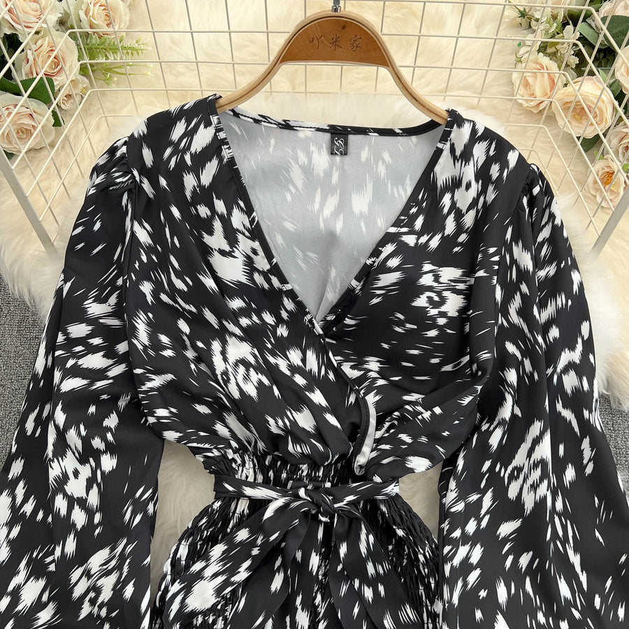 Retro Sweet V Neck Slim Lace -up Print Autumn Summer Elegant Elastic Dress A-line Long Sleeve Vacation Women Mermaid Dresses