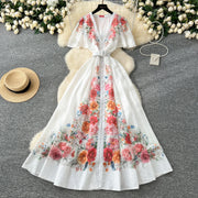 Elegant vintage V-neck button long floral evening dress high quality
