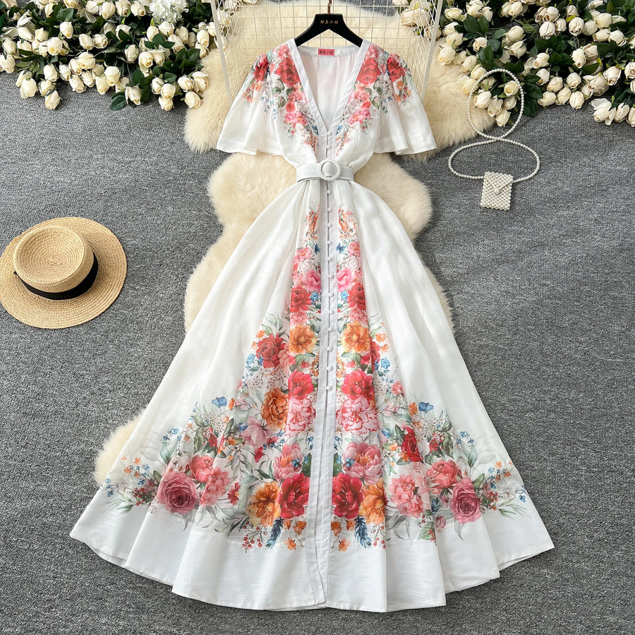 Elegant vintage V-neck button long floral evening dress high quality