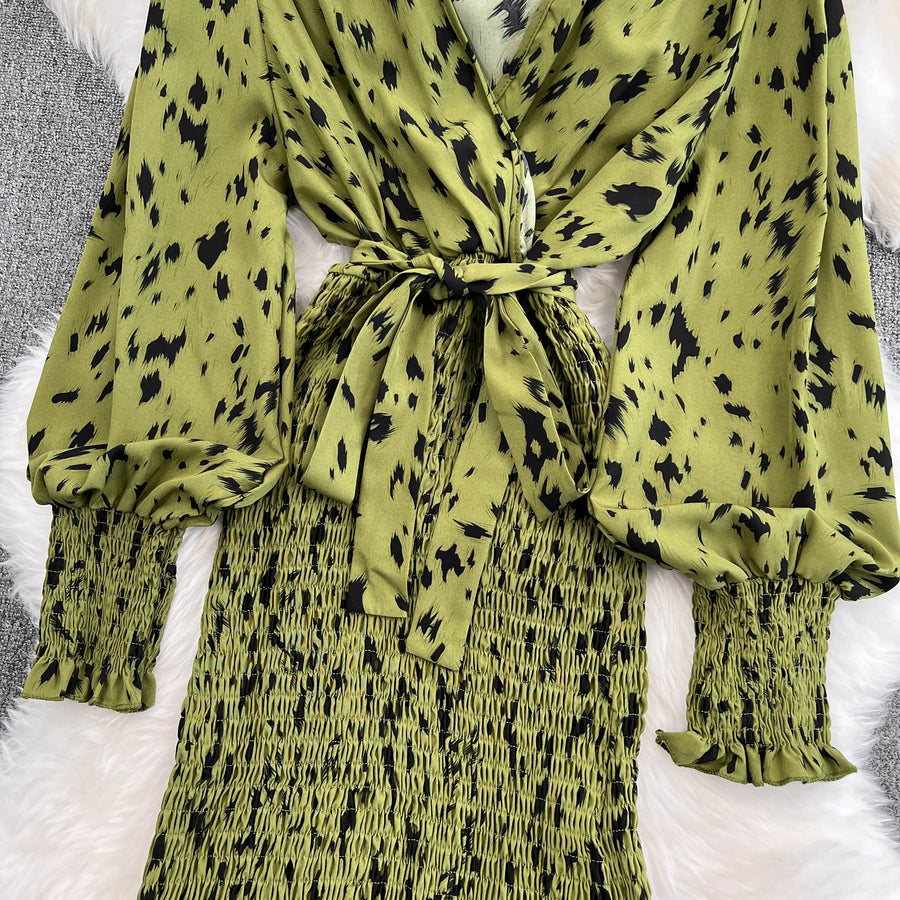 Retro Sweet V Neck Slim Lace -up Print Autumn Summer Elegant Elastic Dress A-line Long Sleeve Vacation Women Mermaid Dresses