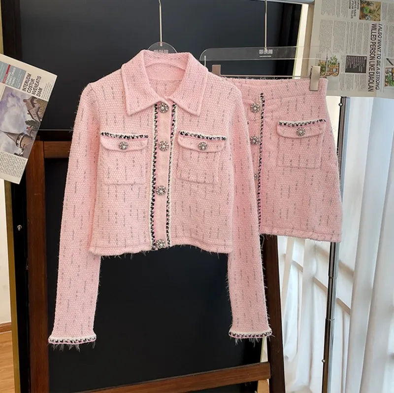 Slim Fit Spring Autumn Office Ladies Pink Tweed Short Jacket High Waist A-Line Skirt Two Piece Set Elegant Women Fashion Sets