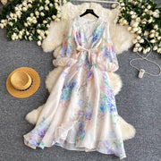 Lace Chiffon Floral Dress Maxi A-line Lantern Sleeve V Neck Spring Women Retro French Fairycore Elegant Vacation Dress