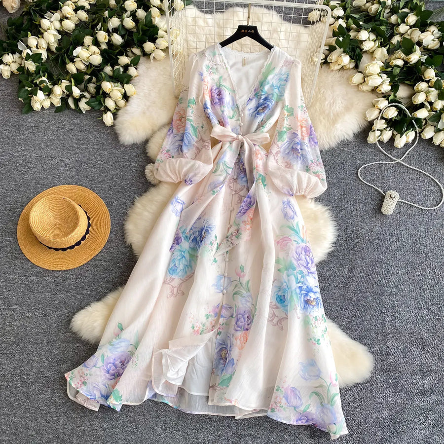 Lace Chiffon Floral Dress Maxi A-line Lantern Sleeve V Neck Spring Women Retro French Fairycore Elegant Vacation Dress