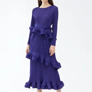 High quality long sleeve dress with ruffles and pleated bow