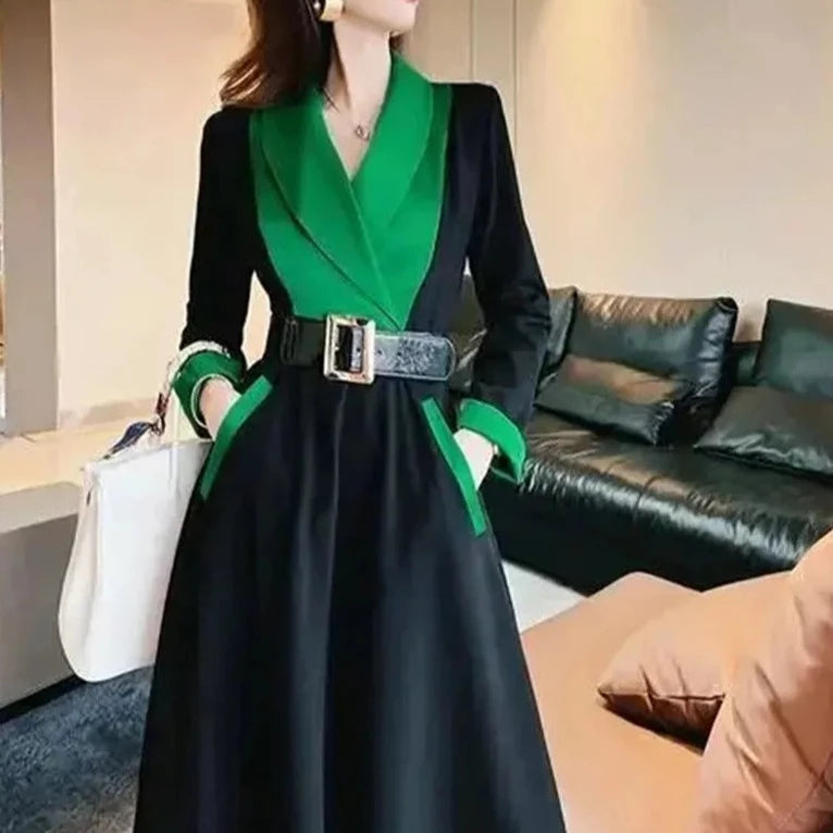 Elegant long-sleeved dress with a wide, fluid skirt that enhances the high-quality figure