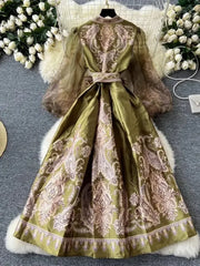 High-quality paisley print patchwork wrap puff sleeve maxi party dress