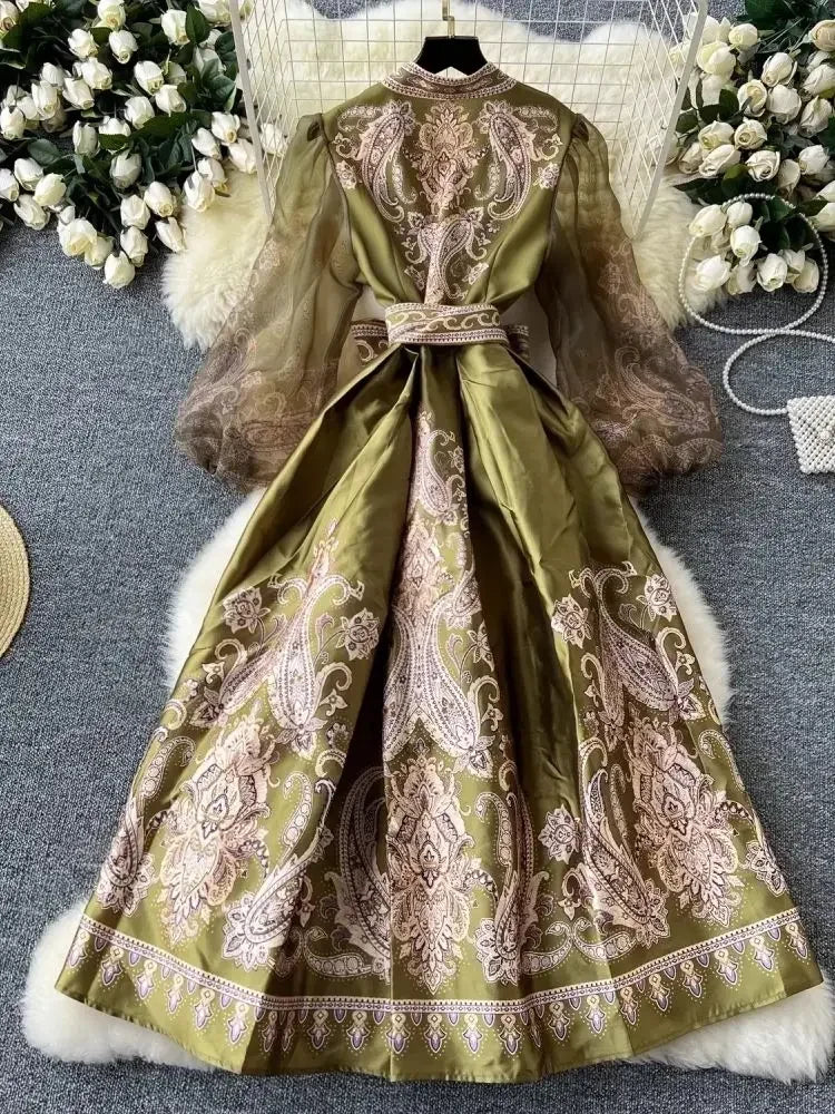 High-quality paisley print patchwork wrap puff sleeve maxi party dress