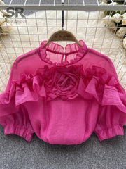 High-quality lantern-sleeved high-neck flared blouse in various colors