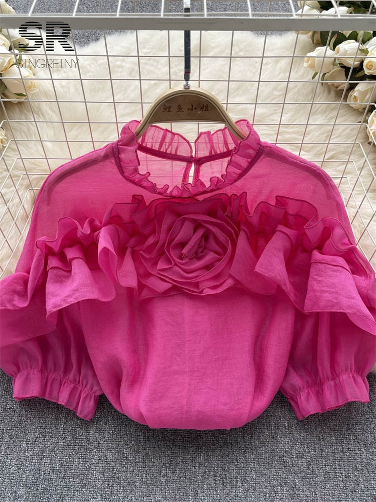 High-quality lantern-sleeved high-neck flared blouse in various colors