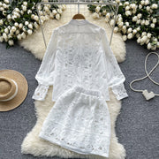 Retro Two Piece Set Hollow Out Long Sleeve Shirt+High Quality Mini Skirts