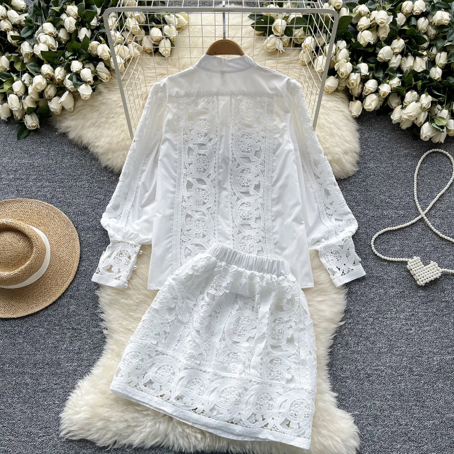 Retro Two Piece Set Hollow Out Long Sleeve Shirt+High Quality Mini Skirts