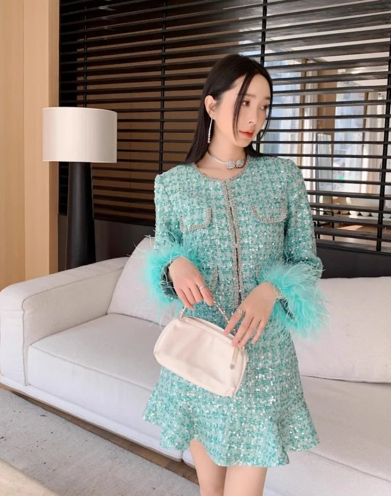 Shiny Diamonds Sequins Elegant Slim Fit Office Ladies Tweed Short Jacket High Waist A-Line Skirts Women Fashion Two Piece Set