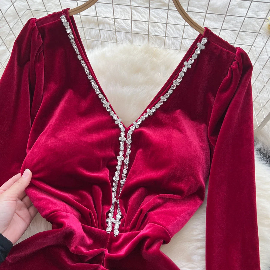 Velvet Dresses Elegant V Neck Vintage Long Sleeve Slim Pleated High Quality