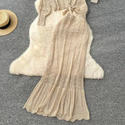 Two Piece Sets Women Skirt Set Full Sleeve Tops Long Skirts A Line High Waist  Streetwear Hollow Out Knit Work Autumn