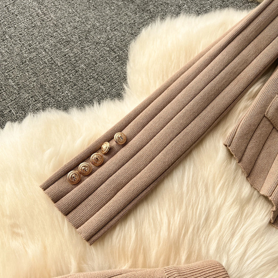 Senior Knitted Suits Fashion Metal Button Vest+V Neck Long Sleeves Cardigans+Wide Legs Pants Stripe Three Pieces Sets