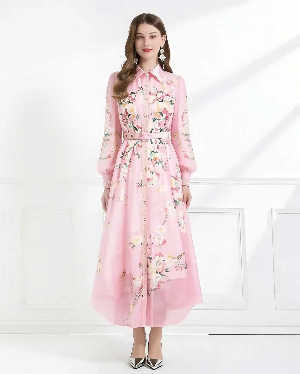 Spring Holiday Sweet Flower Beach Dress Women's Lapel Long Lantern Sleeve Pearl Button Up Floral Print Belt Dress Pockets