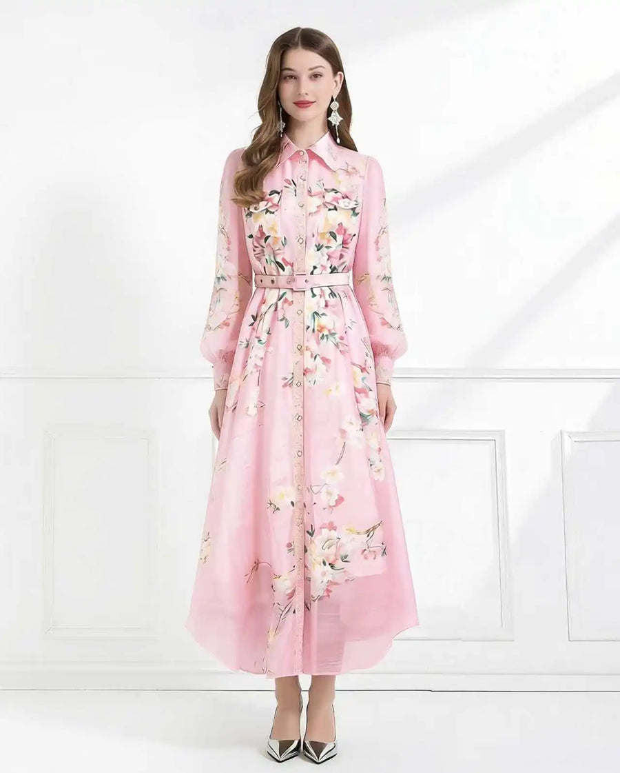 Spring Holiday Sweet Flower Beach Dress Women's Lapel Long Lantern Sleeve Pearl Button Up Floral Print Belt Dress Pockets