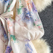 Lace Chiffon Floral Dress Maxi A-line Lantern Sleeve V Neck Spring Women Retro French Fairycore Elegant Vacation Dress