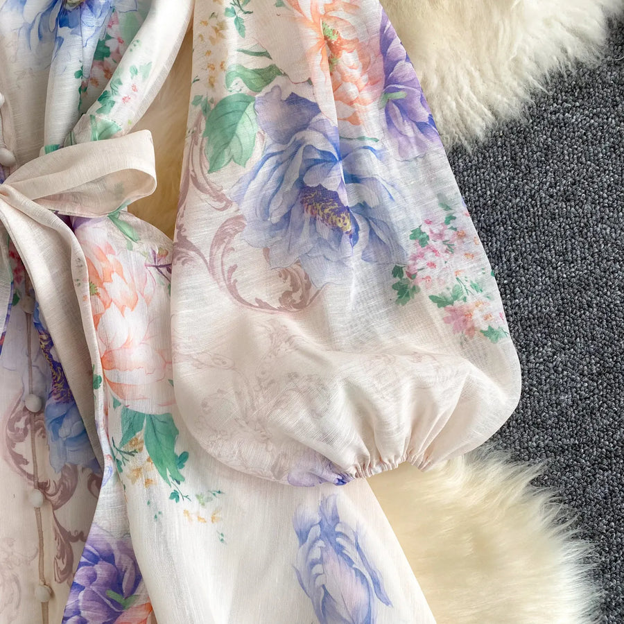 Lace Chiffon Floral Dress Maxi A-line Lantern Sleeve V Neck Spring Women Retro French Fairycore Elegant Vacation Dress