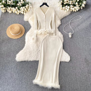 Basic Sets V-Neck Button-Down Knitted Blouse + High Quality Elastic Waist Bodycon Skirt