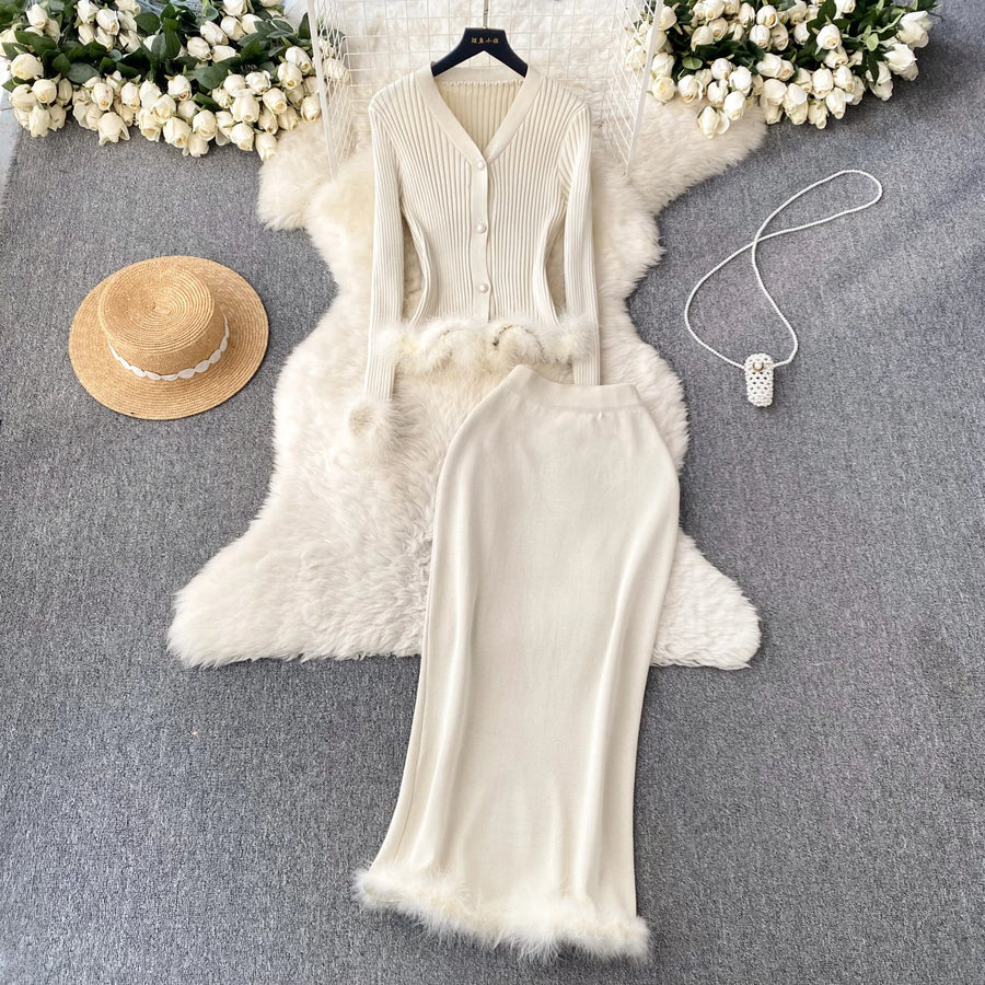 Basic Sets V-Neck Button-Down Knitted Blouse + High Quality Elastic Waist Bodycon Skirt