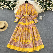 High quality French vintage style elegant button print maxi dress