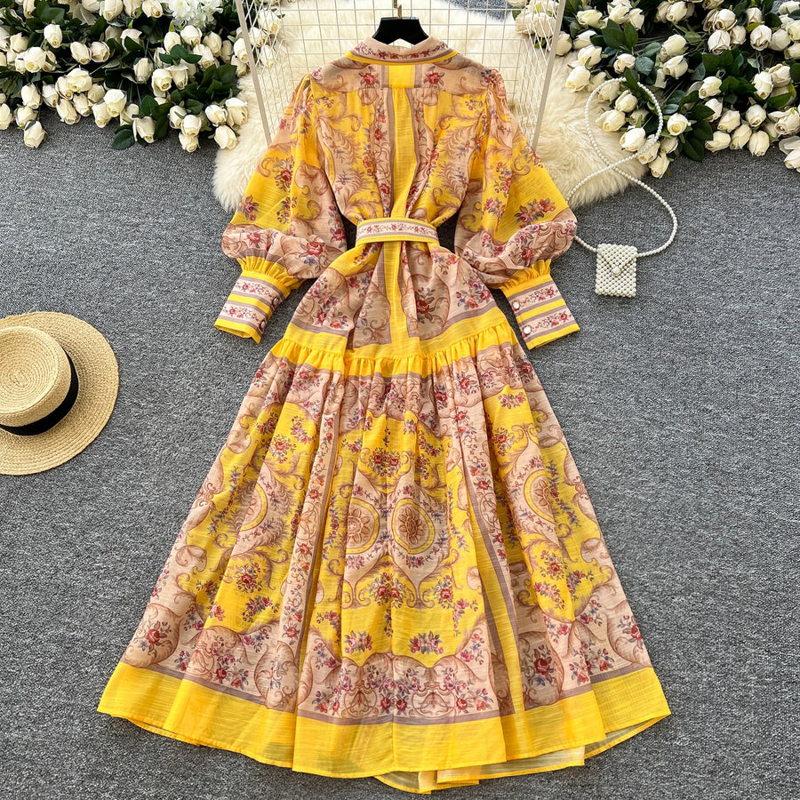 High quality French vintage style elegant button print maxi dress