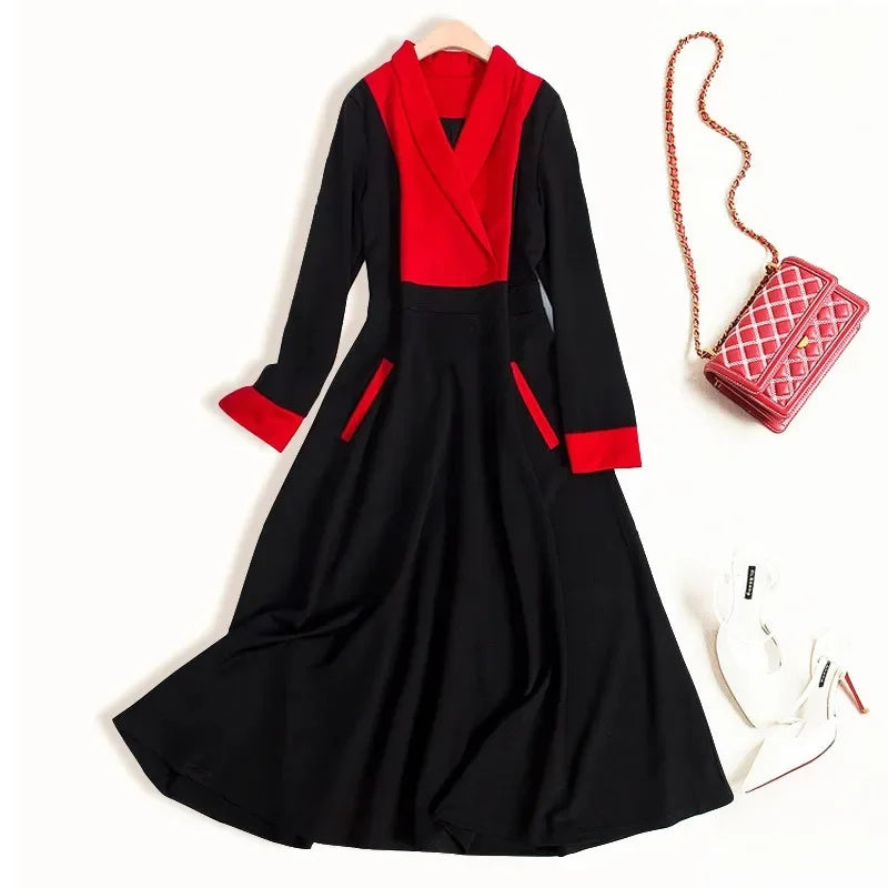 High Quality Red Sleeve Red Stitching Pockets Long Dress