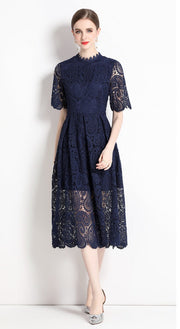 High Quality Hollow Out Short Sleeve Vintage Solid Midi Length Embroidery Lace Elegant Dresses