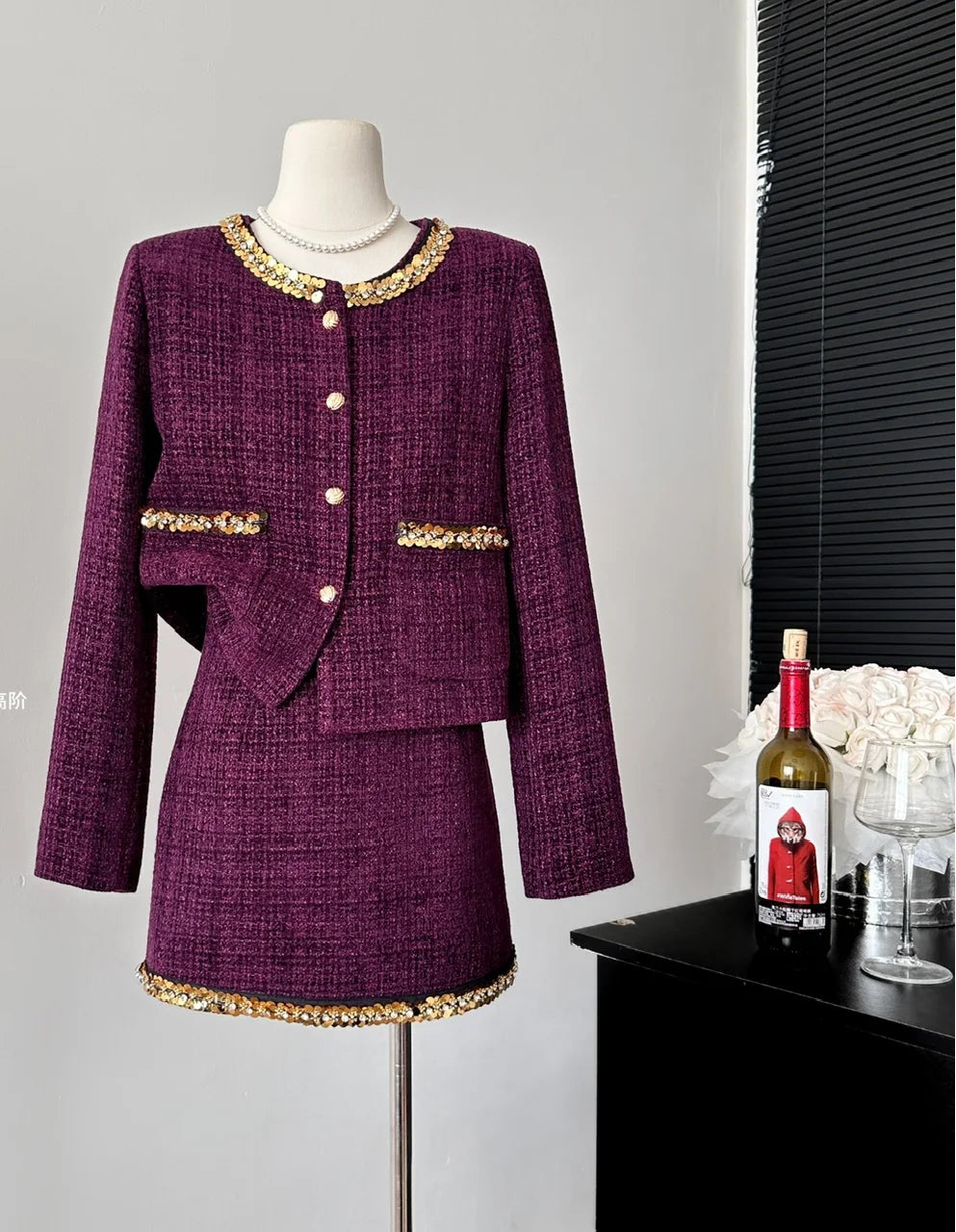 Small fragrance female high-grade single-breasted short coat temperament high-waist skirt two-piece