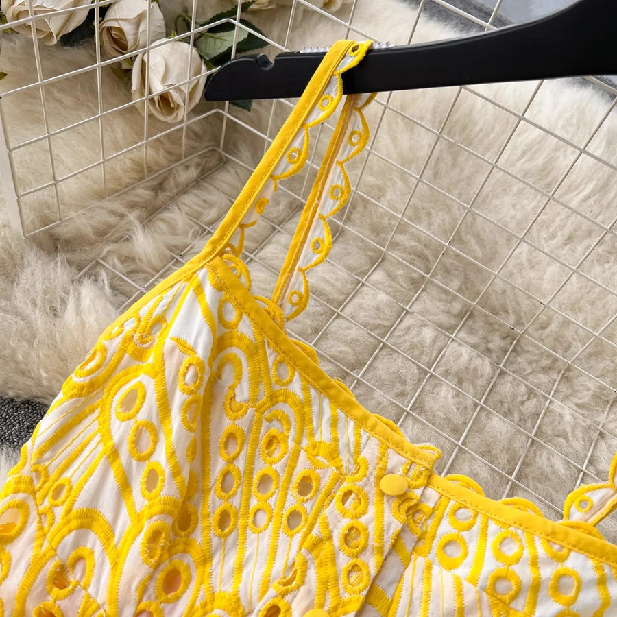 Quality Spaghetti Straps Ruffles Backless Sexy Hollow Out Embroidery Dress